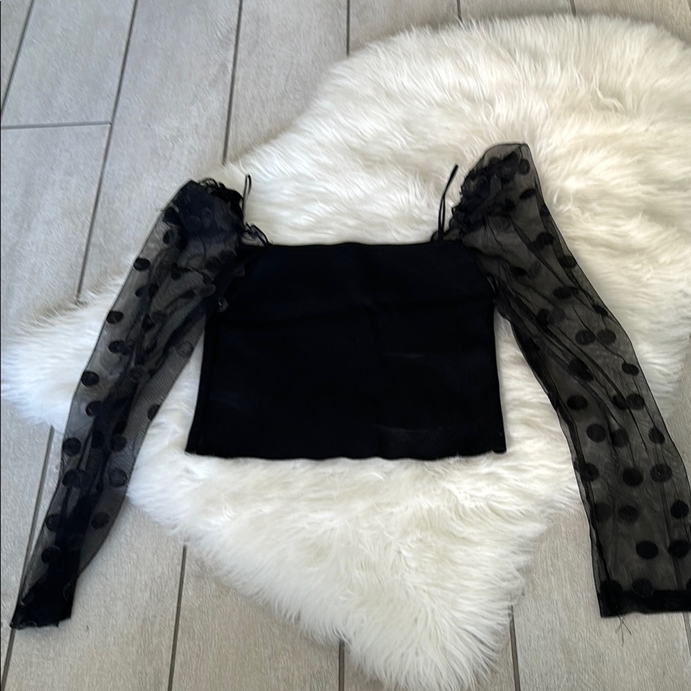 Zara size M Black Fitted Crop Blouse with Sheer Sleeves